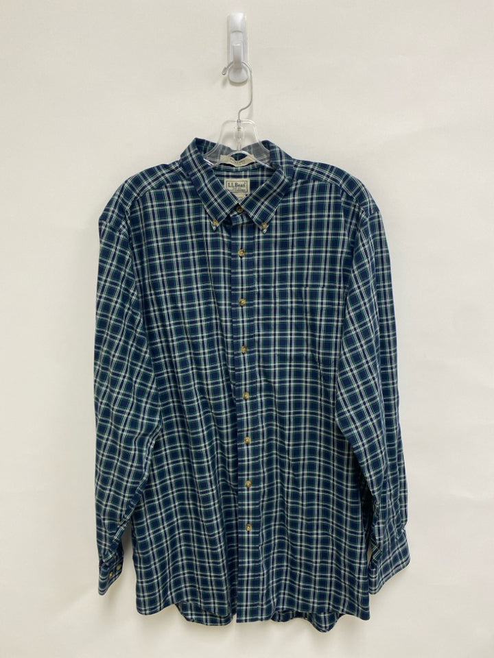 L L Bean Size XL Navy Green/White Plaid Button Up Men&