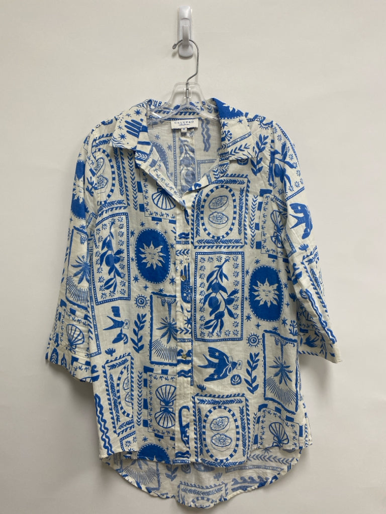 Size M White Blue Assorted Print Button Up Linen Blend Ladies Top