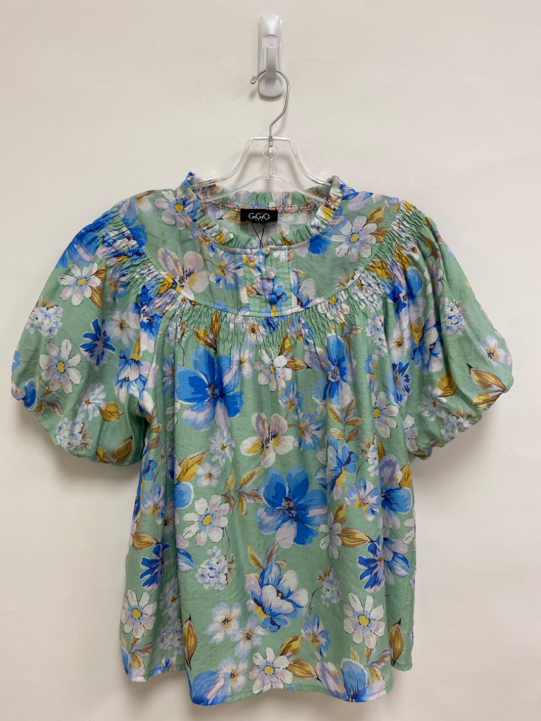 NWT GiGiO Size M Seafoam/White Blue/Yellow Floral Puff Sleeve Ladies Top