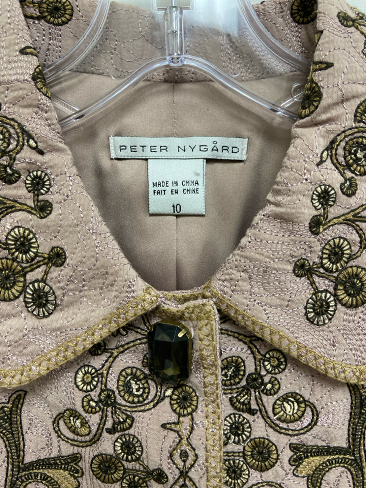 Peter Nygard Size 10 Taupe Black/Brown Flowers Embroidered Ladies Jacket