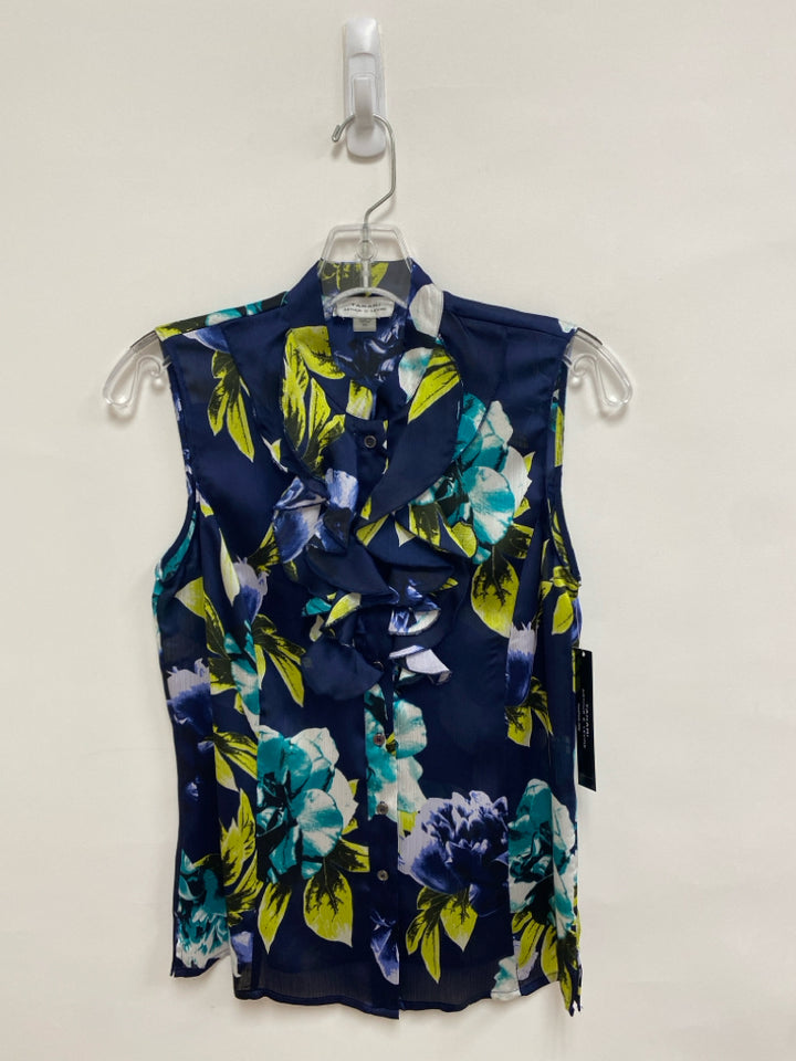 NWT Tahari Size XS Navy Green/White Flowers Sleeveless Ladies Top