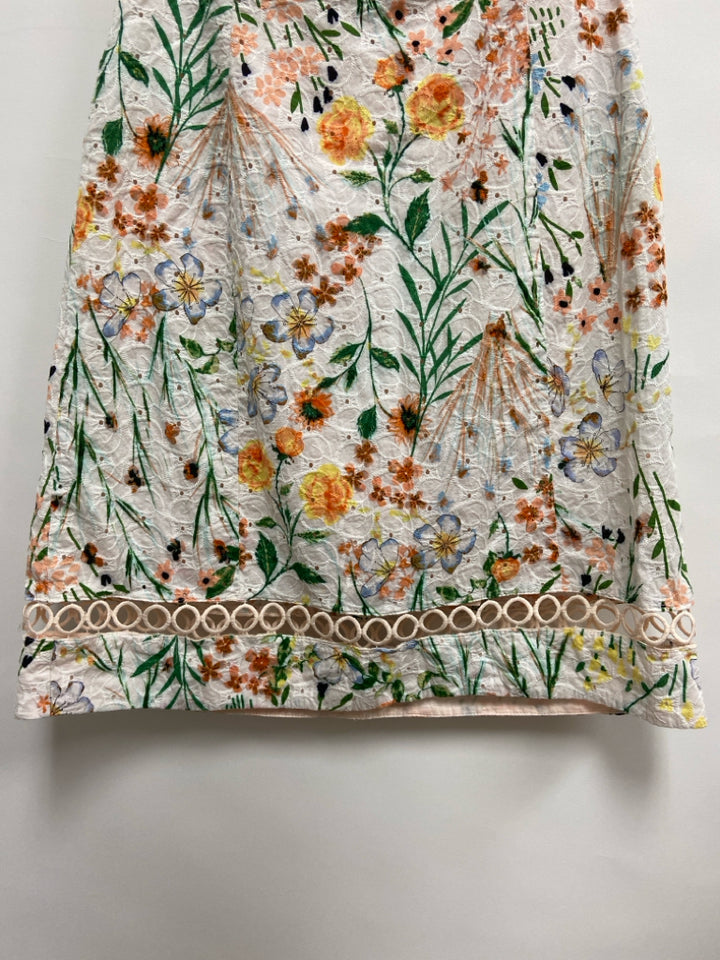 Calvin Klein Size 4 White Peach/Green Flowers Sleeveless Ladies Dress