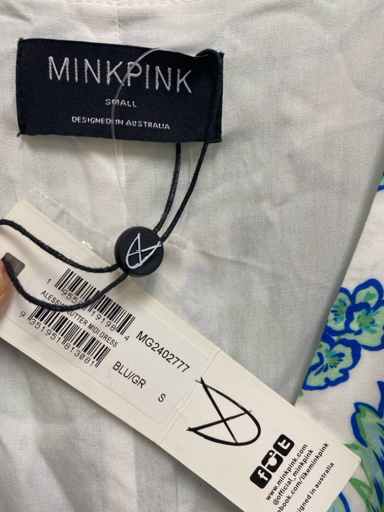 NWT MINKPINK Size S White Green/Blue Flowers Ladies Dress