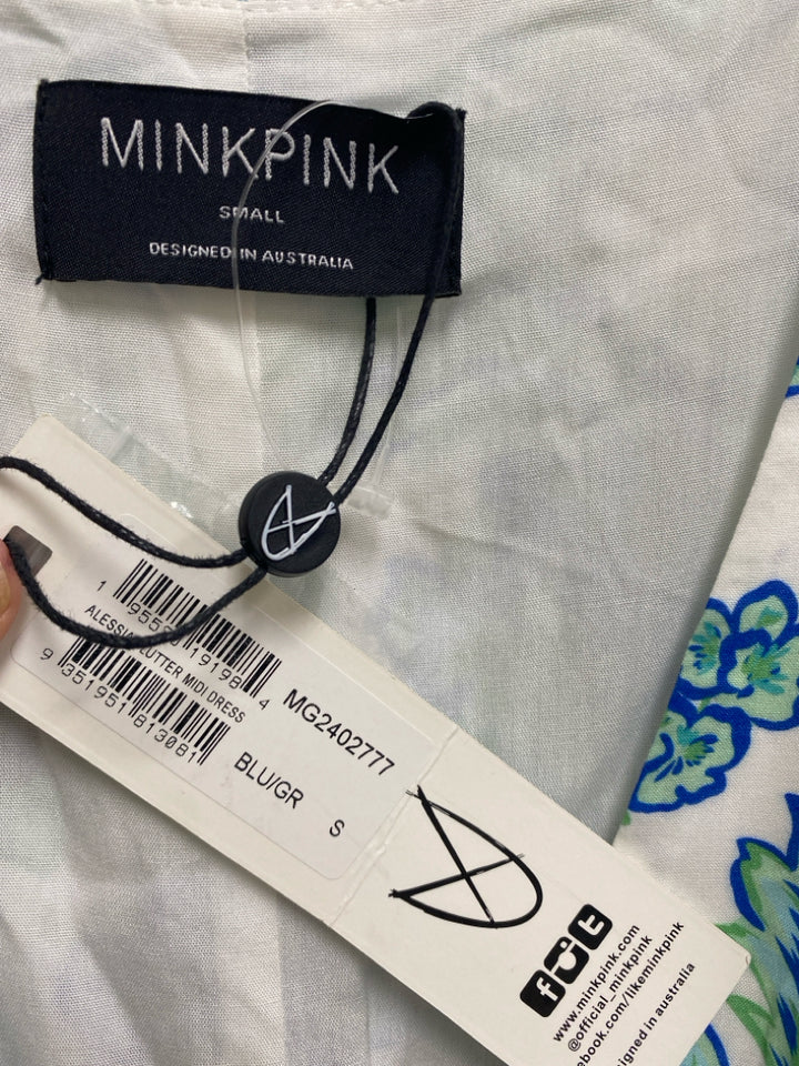 NWT MINKPINK Size S White Green/Blue Flowers Ladies Dress
