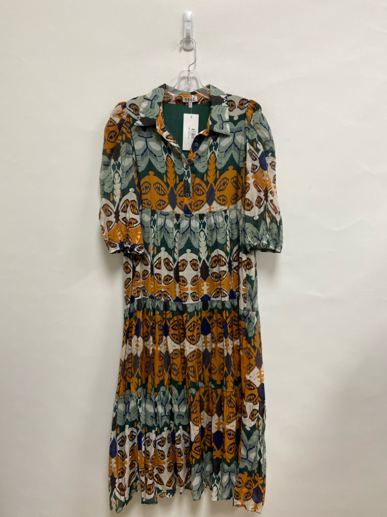 NWT TCEC Size L Green Mustard Assorted Print Maxi Ladies Dress
