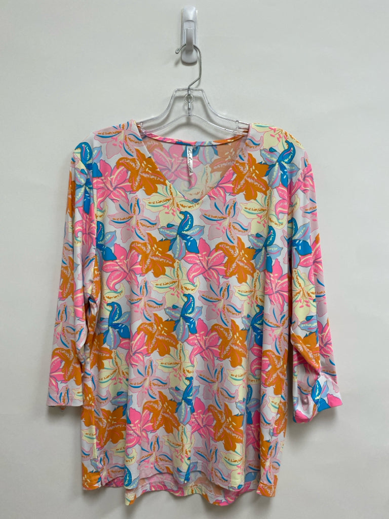 LuLu-B Size XL Cream/Blue Pink/Orange Flowers 3/4 Sleeve Ladies Top