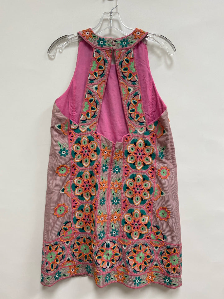 Anthropologie Size 6 Pink/Green Orange Flowers Sleeveless Beaded Ladies Dress