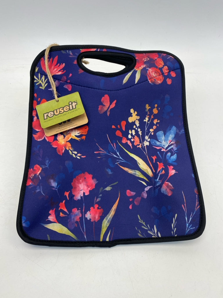 NWT Plow &amp; Hearth Dark Purple Multi Color Flowers Neoprene Lunch Tote
