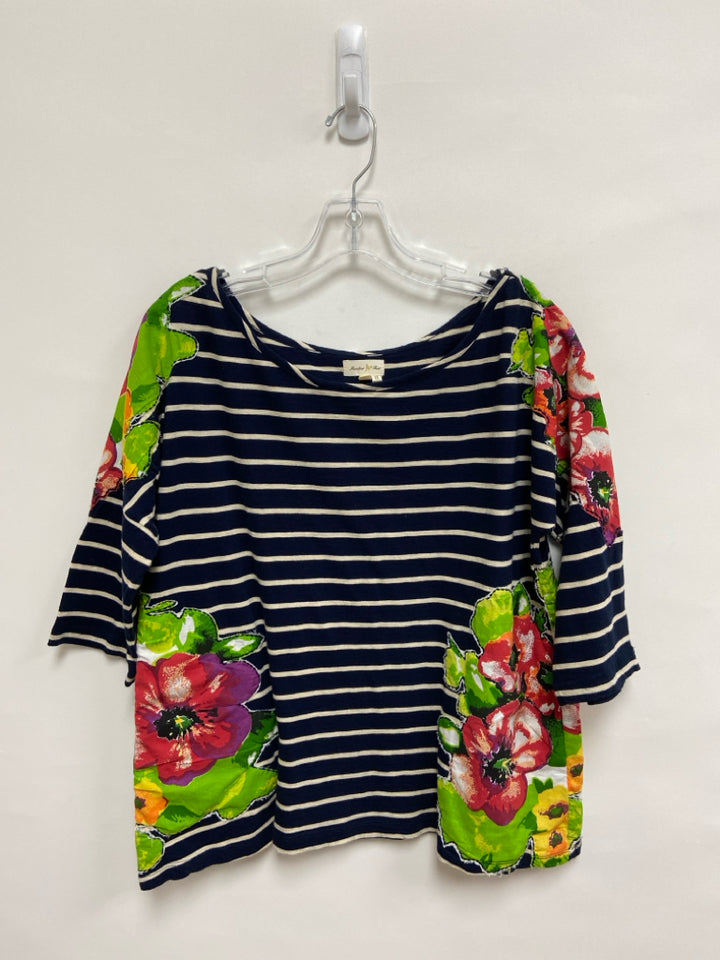 Meadow Rue Size L Green/Red Navy/White Stripes/Flowers 3/4 Sleeve Ladies Top