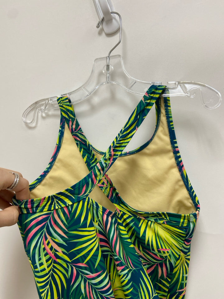 Lands End SIZE 14 Navy/Yel Green/Pink Leaves Girl&