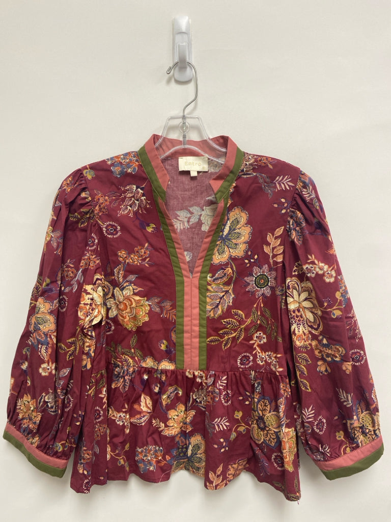 entro Size S Burgundy Peach/Navy Flowers Ladies Top