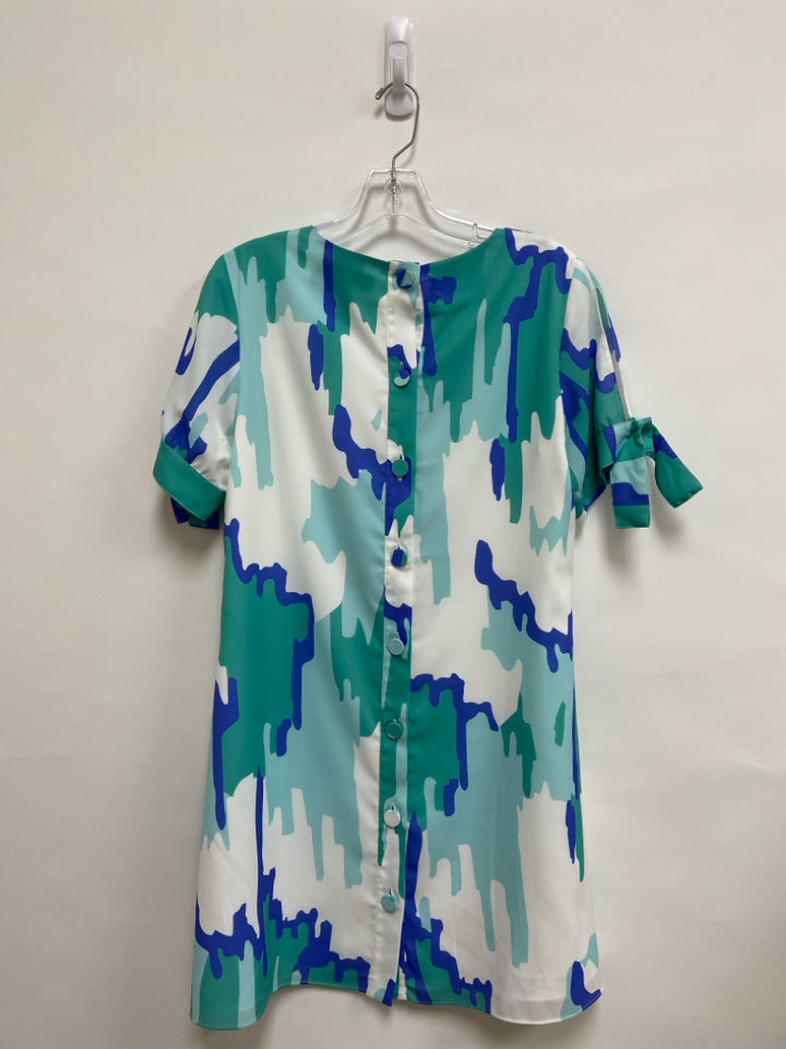 Crosby Size M Aqua/White Periwinkle Abstract V Neck Ladies Dress