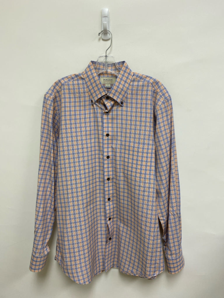 Size L Orange/White Blue Plaid Button Up Men&