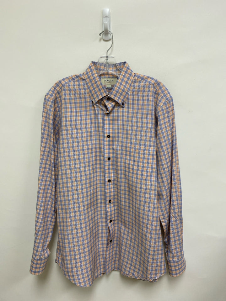 Size L Orange/White Blue Plaid Button Up Men&
