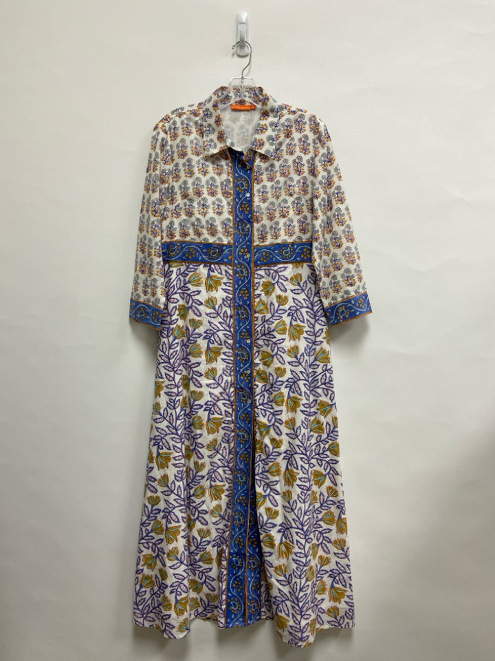 Oliphant Size M White Tan/blue Floral Ladies Dress