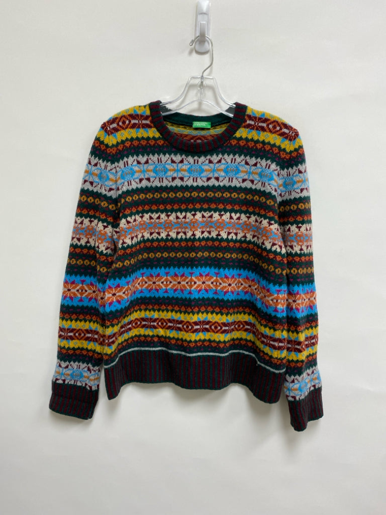 Beneton Size L Green/Yellow Burgundy/Multi Wool Blend Ladies Sweater