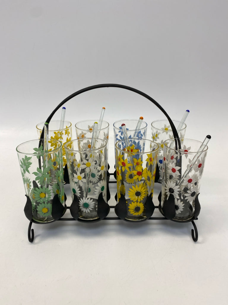 Clear Multi Color Flowers Glass/Metal Glassware