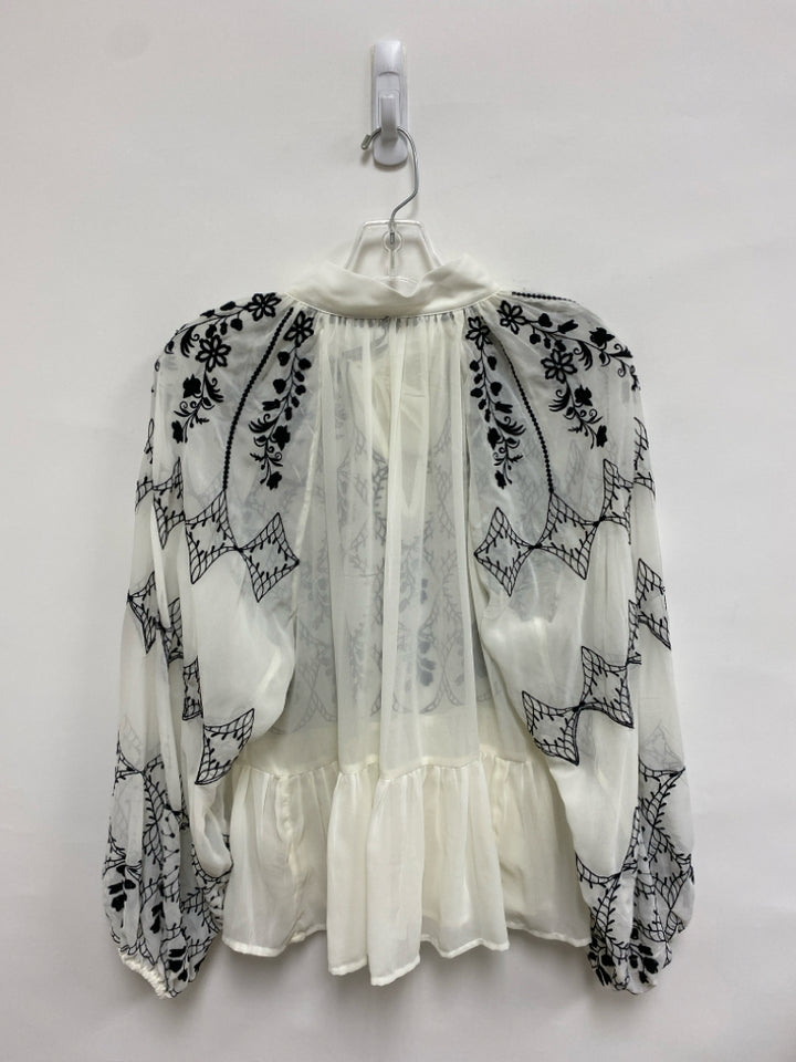 Anthropologie Size XS White Black Embroidered Ladies Top