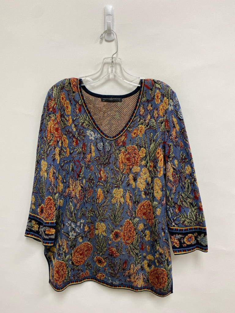 Peruvian Conn. Size M Blue/Tan Burgundy/Black Floral Ladies Sweater