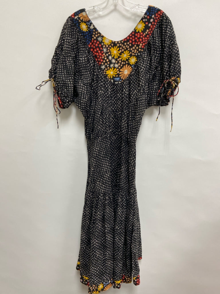 Warm Size L Dark Brown Cream/Multi Flowers Tiered Ladies Dress