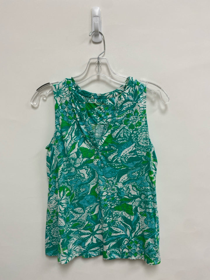 LILLY PULITZER Size XS Green Blue/White Leaves Sleeveless Ladies Top
