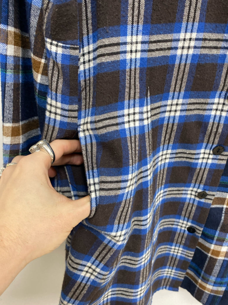 Tulip Size M Blue/White Brown Plaid Button Up Flannel Ladies Dress