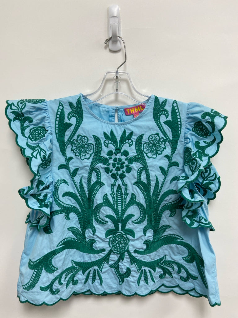 THML Size S Powder Blue Teal Green Embroidered Cropped Ladies Top
