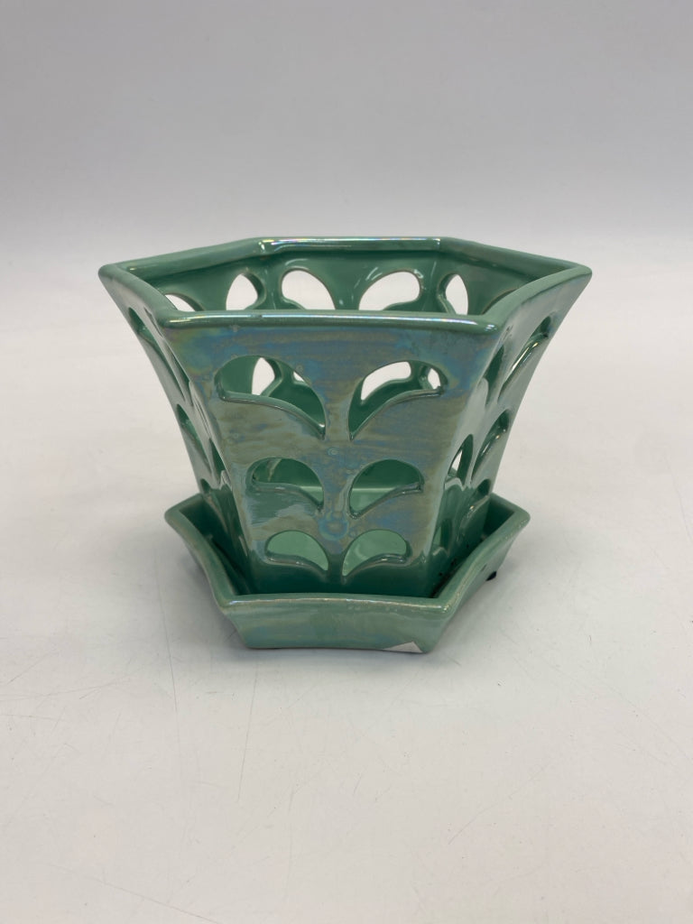 Mint Green Cut-Out Ceramic Planter