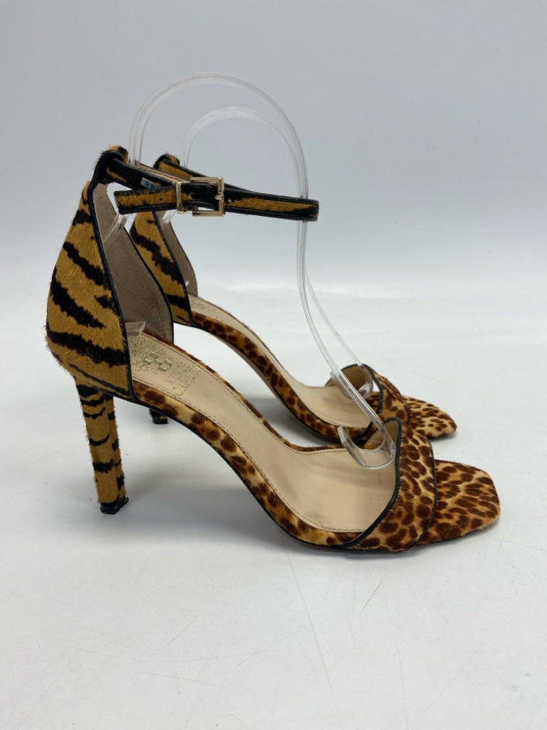 VINCE CAMUTO  Size 7.5 Brown Black Animal Print Faux Fur Sandals