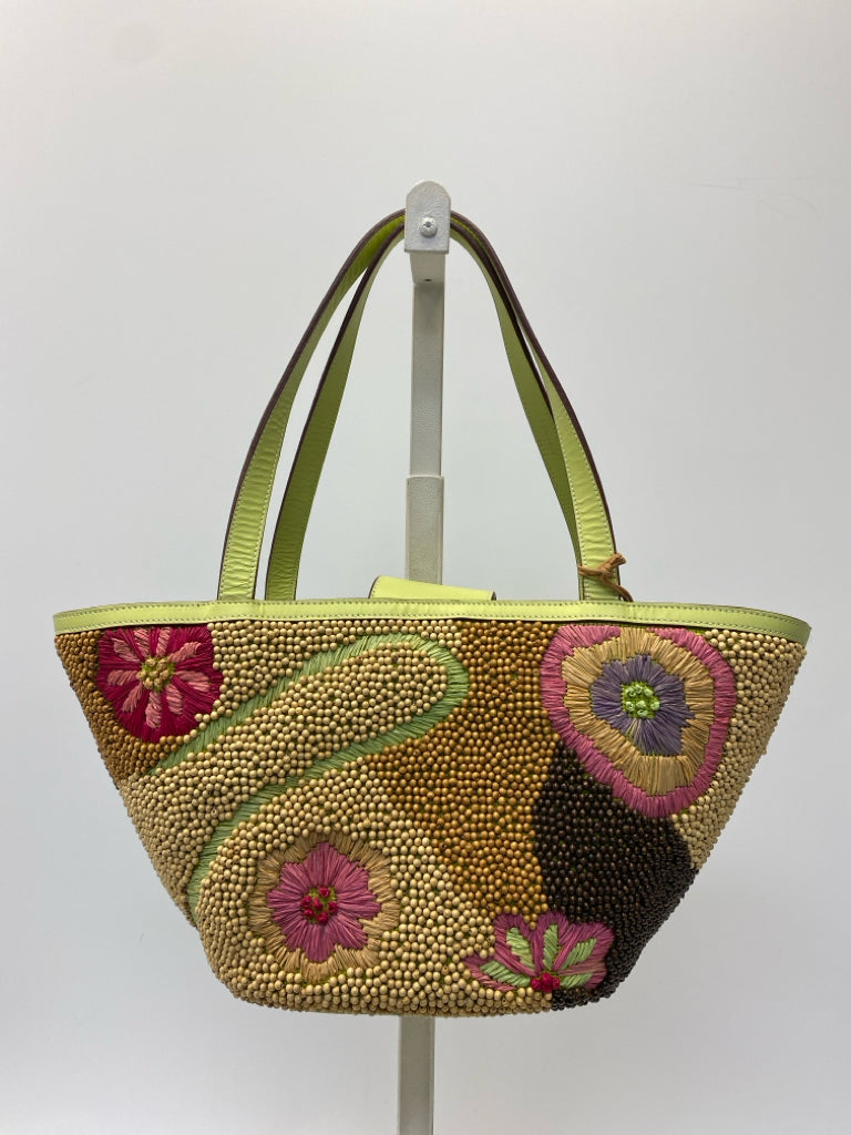 Sigrid Olsen Lime Green Multi-Color Beaded Straw Handbag