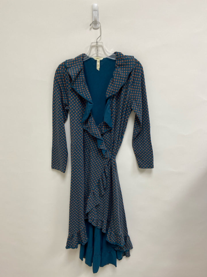 Matilda Jane Size L Teal Blue Orange Print Wrap Ladies Dress