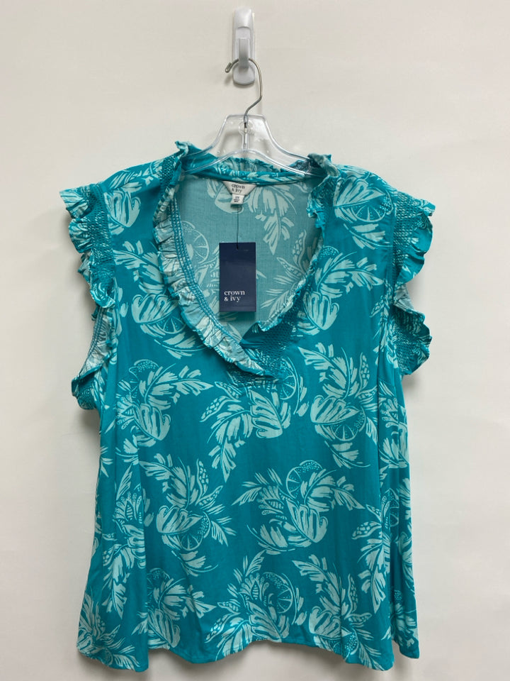 NWT Crown &amp; Ivy  SIZE  2X Turquoise Blue Leaves Plus Size Top
