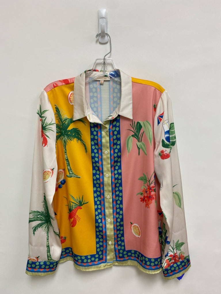 Skies Are Blue Size M Gold Cream/Multi Tropical Button Up Ladies Top