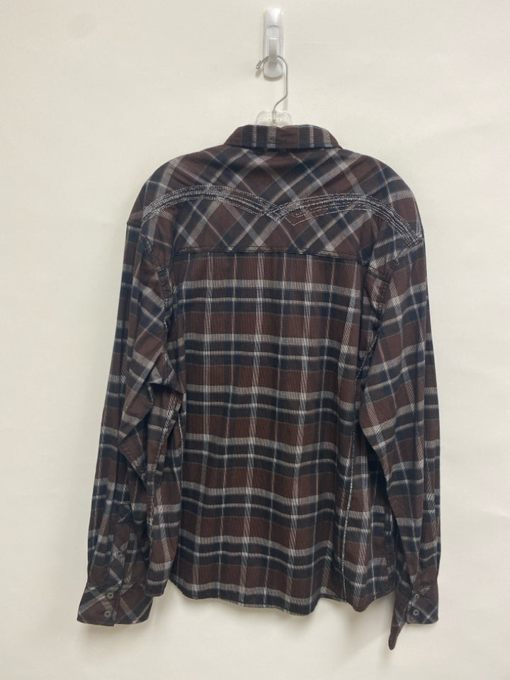 NWT Buckle Size 2X Espresso Black/Gray Plaid Button Down Men&