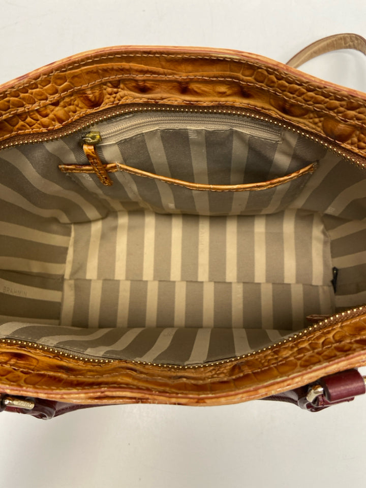 Brahmin Orange/Tan Burgundy Embossed Leather Handbag