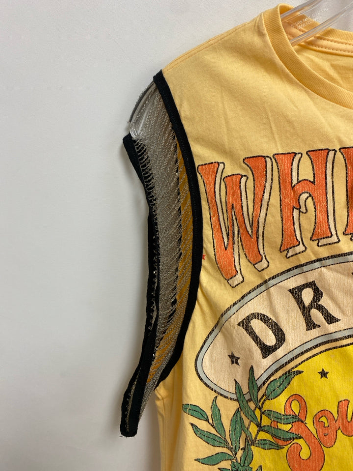 NWT Size S Peach/Coral Yellow/Green Words Sleeveless Ladies Top