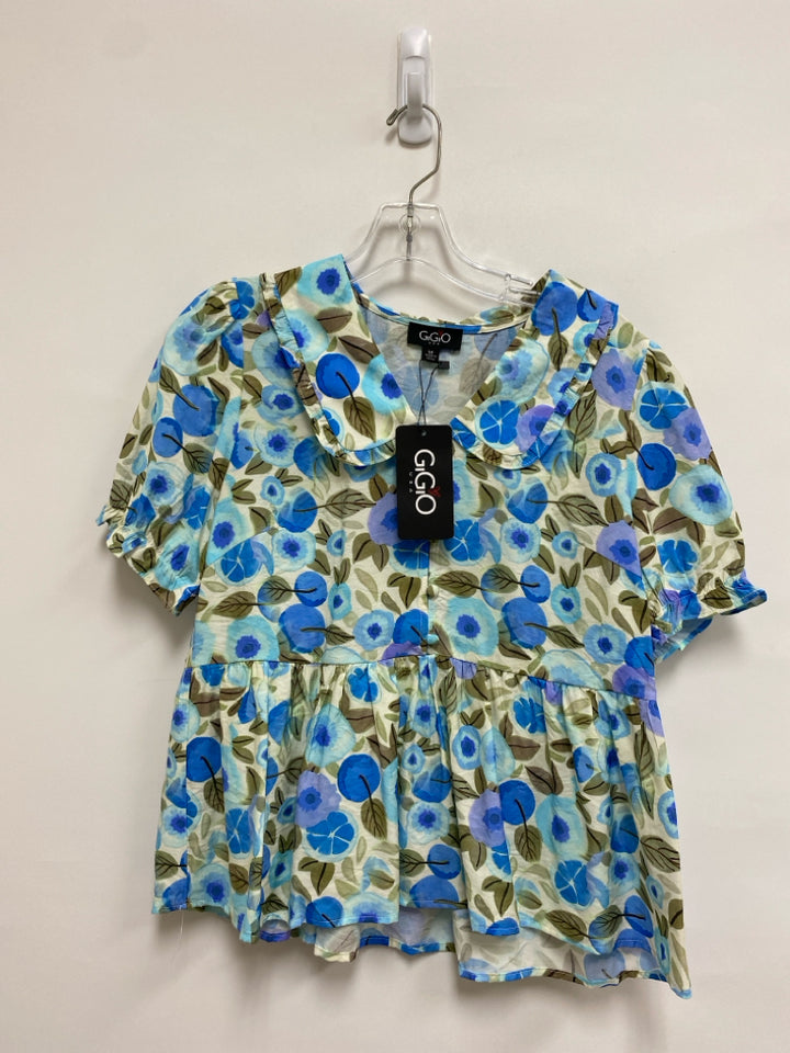 NWT GiGiO Size M Cream/Blue Taupe Floral Puff Sleeve Ladies Top