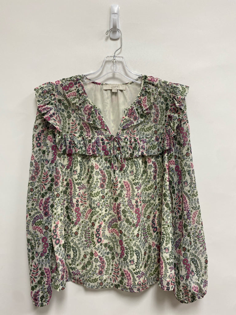 LOFT Size M Beige Green/Pink Vine Long Sleeve Ladies Top