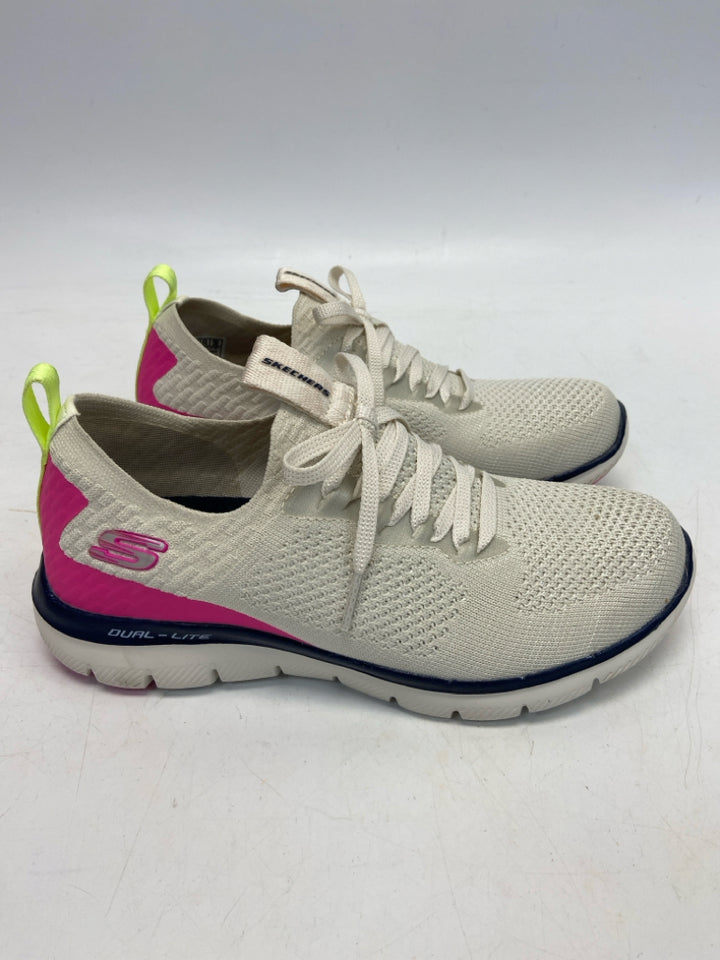 Skechers  Size 7 Cream Hot Pink Lace-up Fabric Sneakers