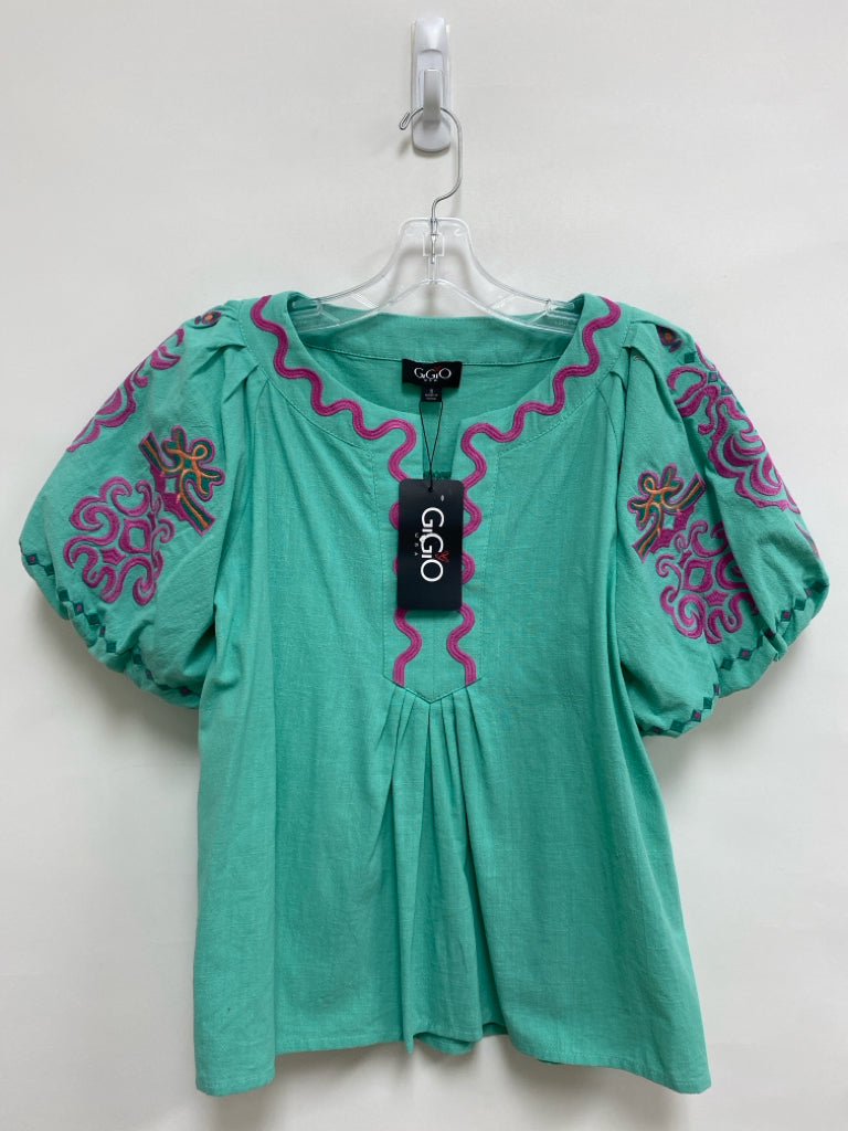 NWT GiGiO Size S Aqua Pink/Green Embroidered Puff Sleeve Ladies Top