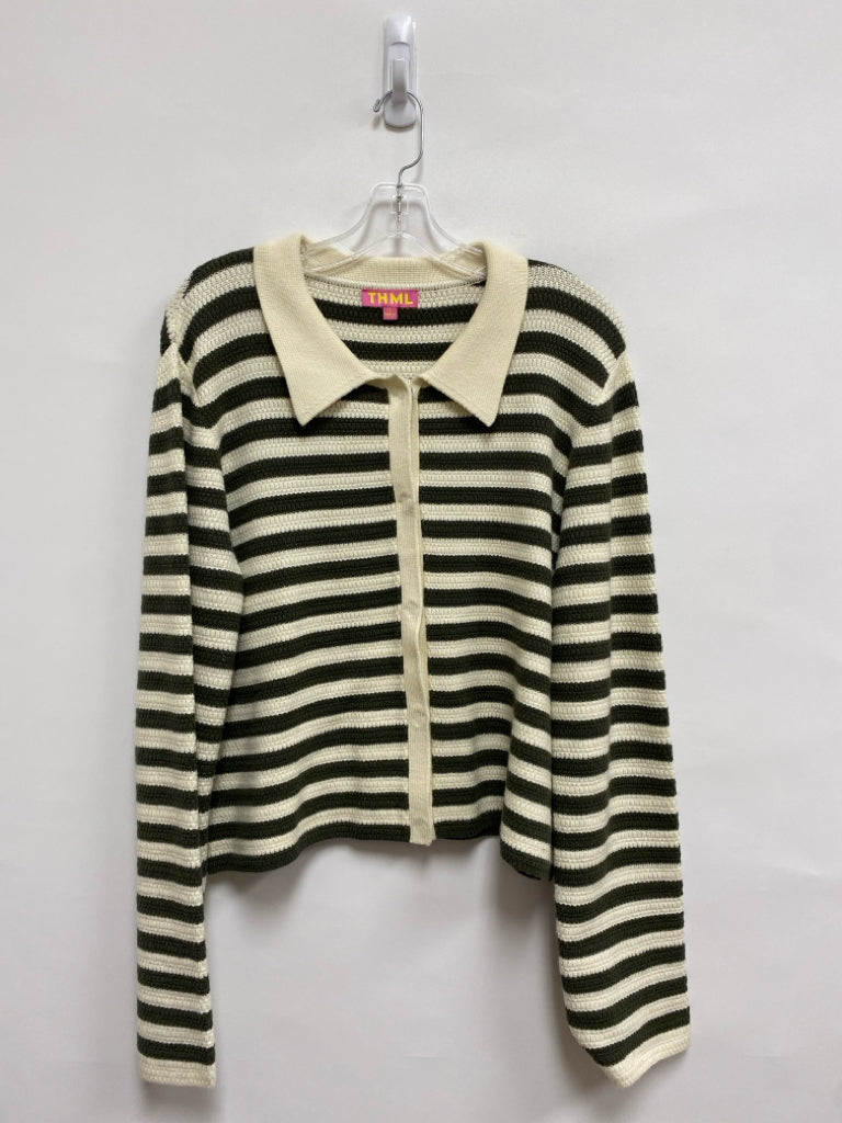 THML Size XL Dark Green Cream Striped Ladies Sweater