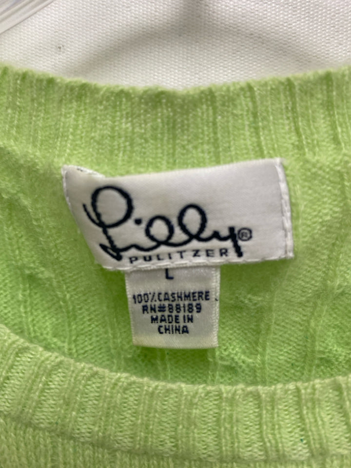 LILLY PULITZER Size L Lime Green Cable Knit Short Sleeve Cashmere Ladies Sweater