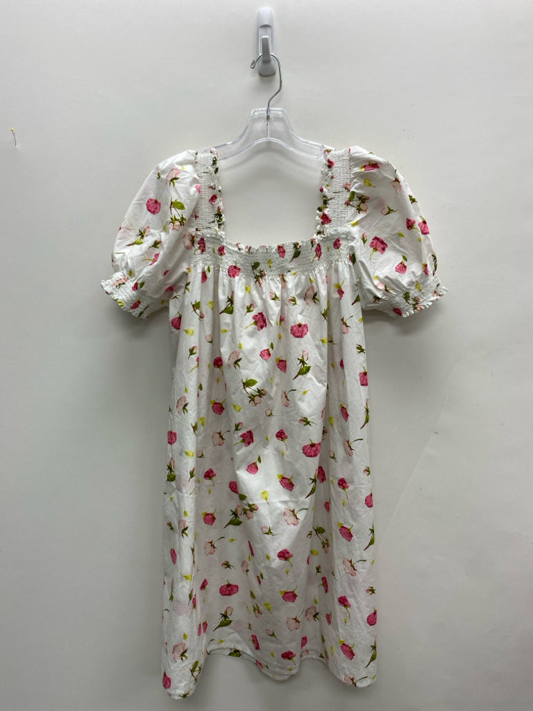 J Crew Size M White Pink/Green Smocking Puff Sleeve Ladies Dress