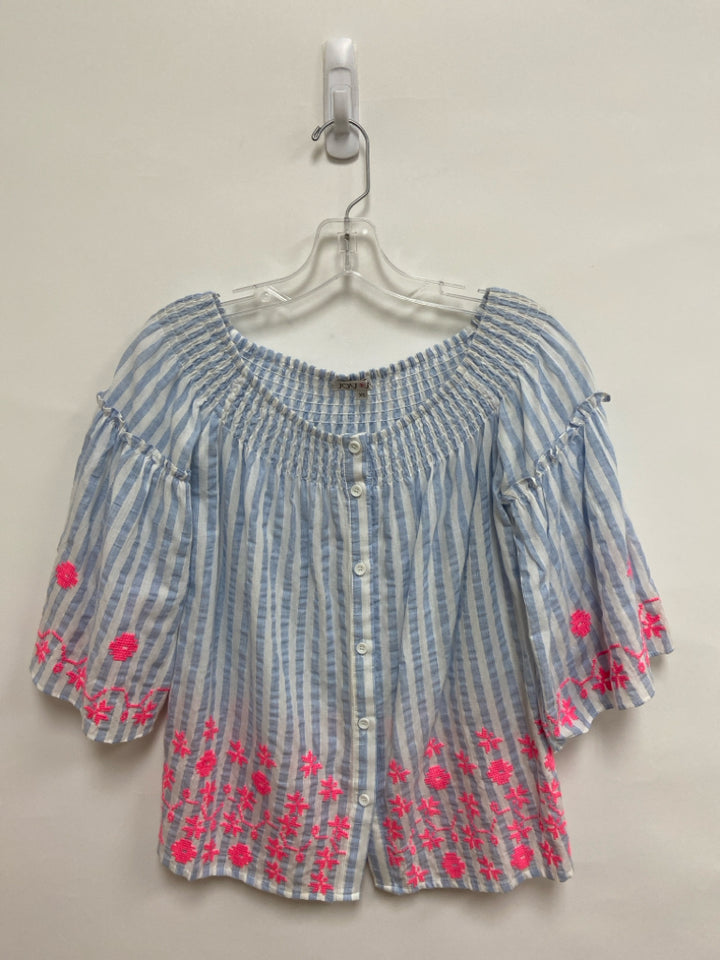 Joy Joy Size XS White/Blue Neon Pnk Embroidered Ladies Top
