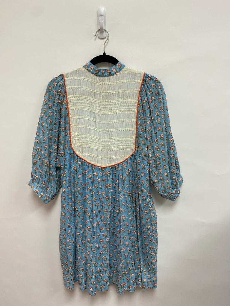 NWT GiGiO Size S Blue/Cream Coral/Brown Flowers Puff Sleeve Ladies Dress