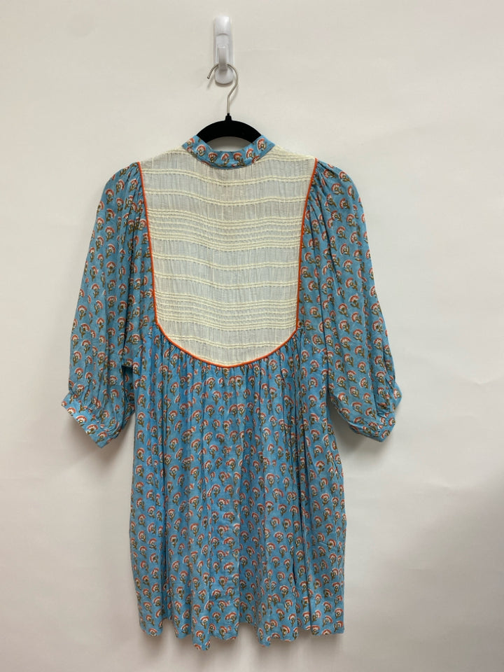 NWT GiGiO Size S Blue/Cream Coral/Brown Flowers Puff Sleeve Ladies Dress