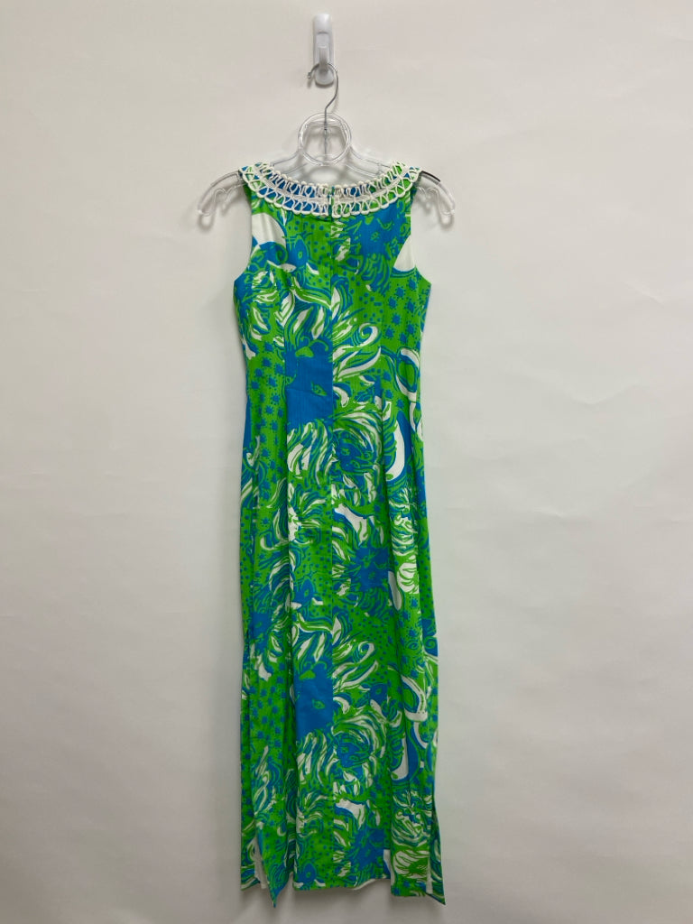 LILLY PULITZER Size 00 Blue/White Lime Green Maxi Ladies Dress