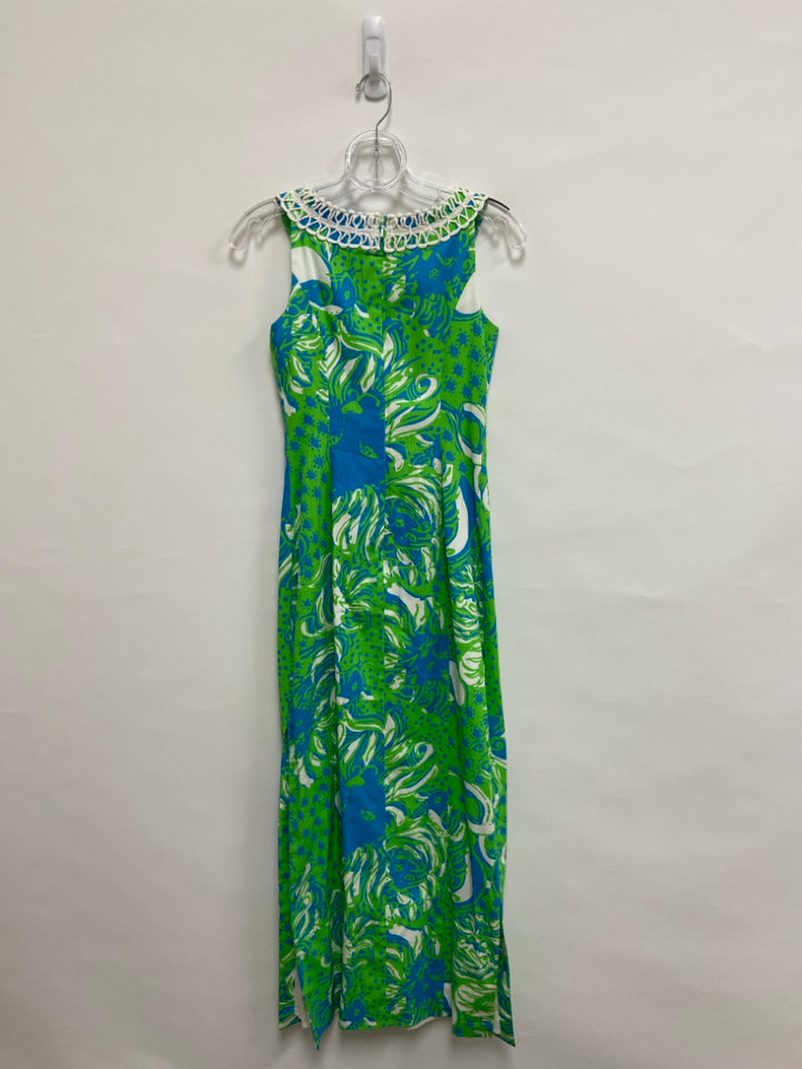 LILLY PULITZER Size 00 Blue/White Lime Green Maxi Ladies Dress