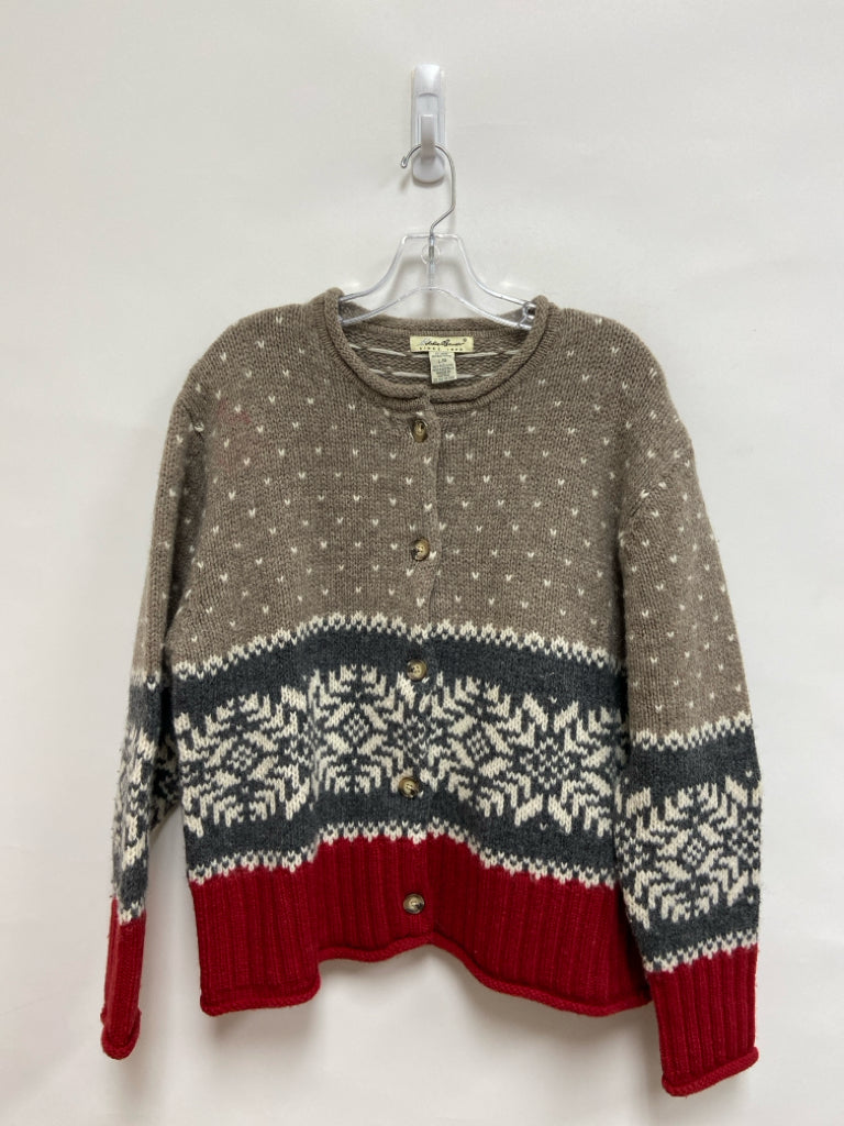 Eddie Bauer Size L Taupe/Cream Gray/Red Button Up Wool Ladies Sweater