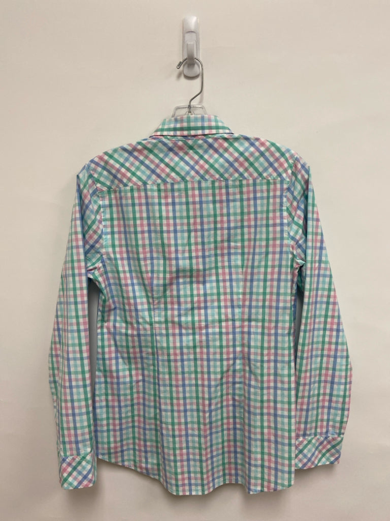 Vineyard Vines Size 4 White Blue/Pink Checkered Button Up Ladies Top
